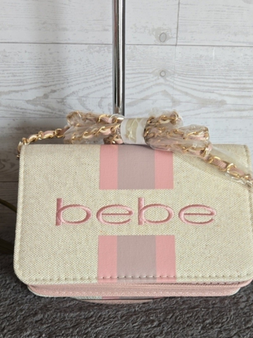 bebe Paisley Cream and Pink Stripe Canvas Crossbody Bag